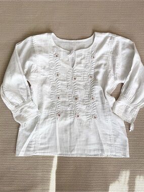 White Embroidered Peasant Blouse Tie details